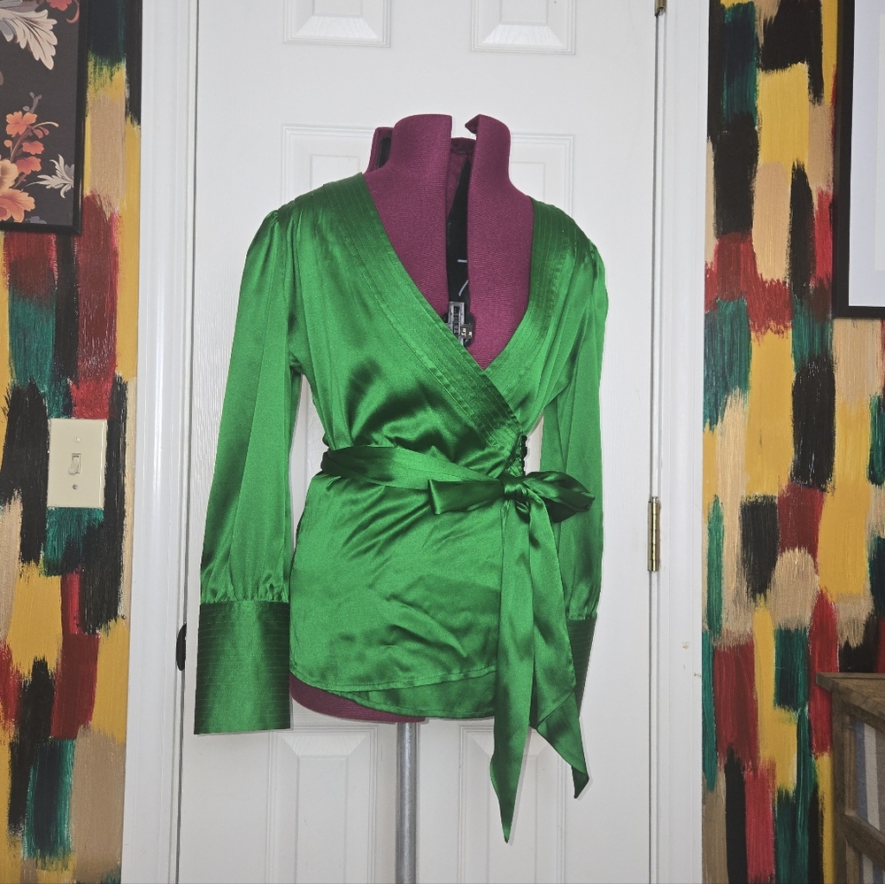 Diane Von Furstenberg Ariana Emerald Green Silk Blend Wrap Blouse Size 4